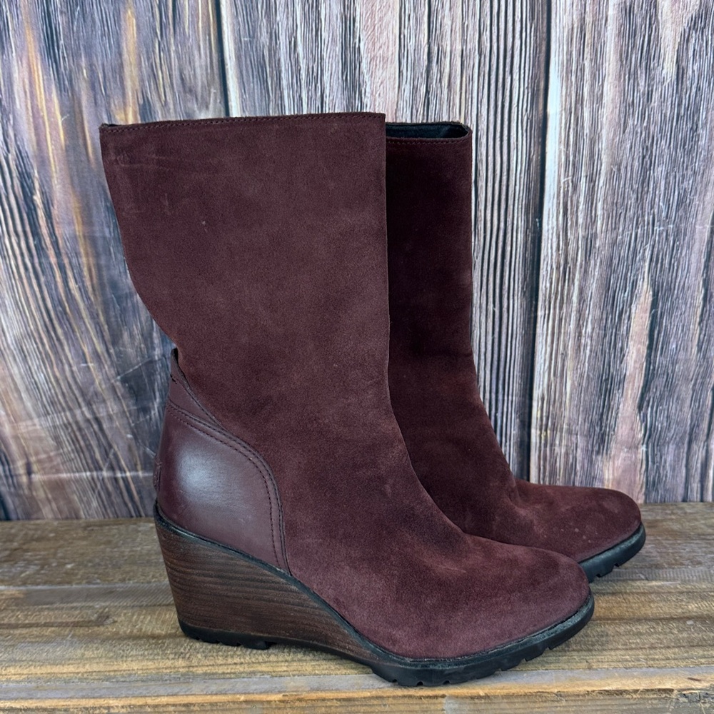 Sorel After Hours Maroon Suede Wedge Boots
